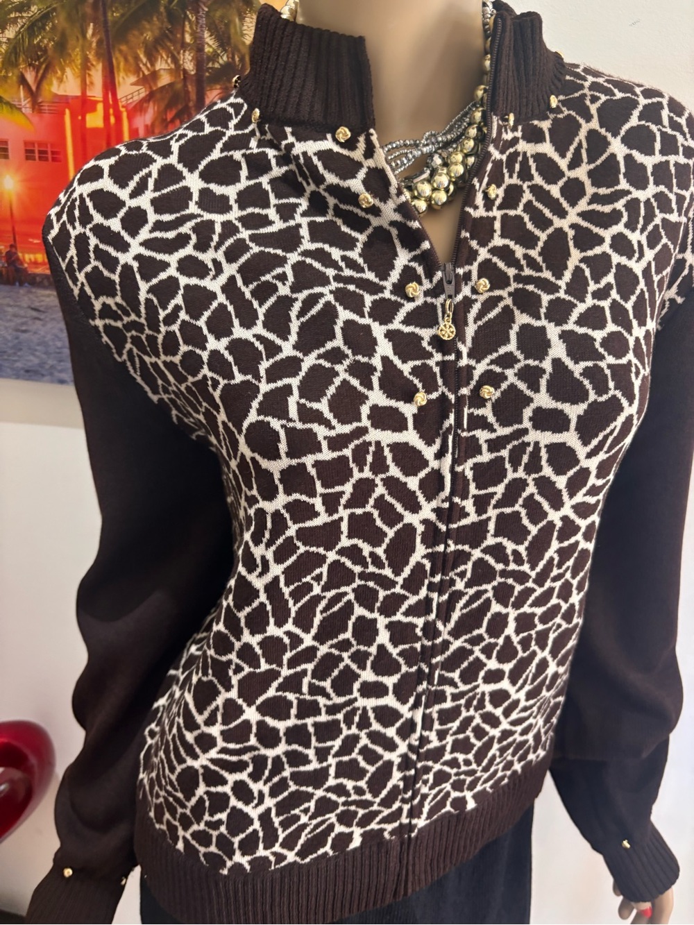 St. John Brown Cream Animal Patterned Zip Cardigan Blazer 12 L